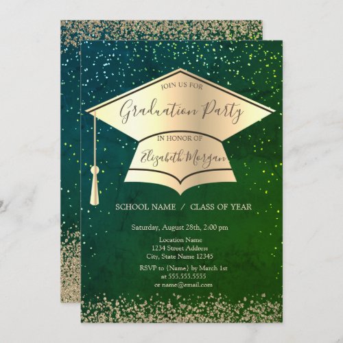 Gold Graduation CapDiamonds Green Graduation Invitation