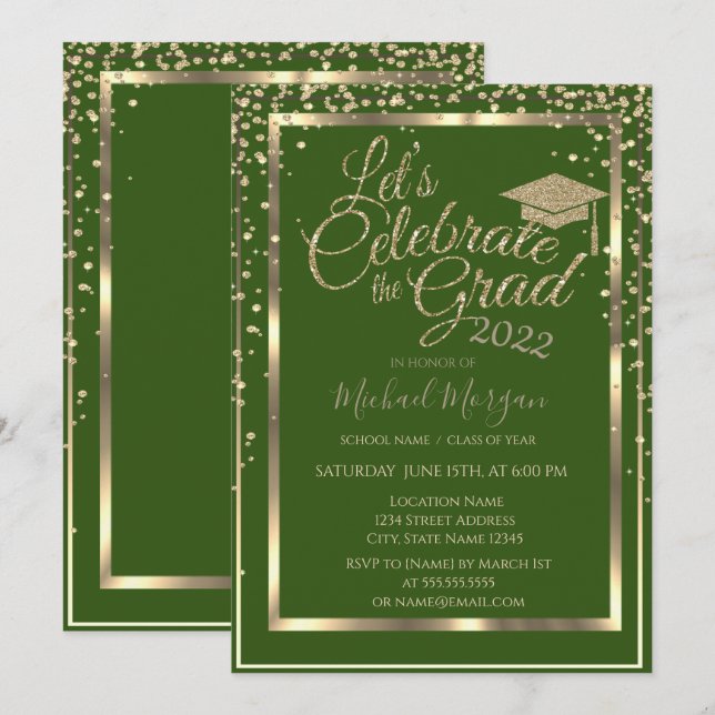Gold Graduation Cap Diamonds Green Graduation Invitation (Front/Back)