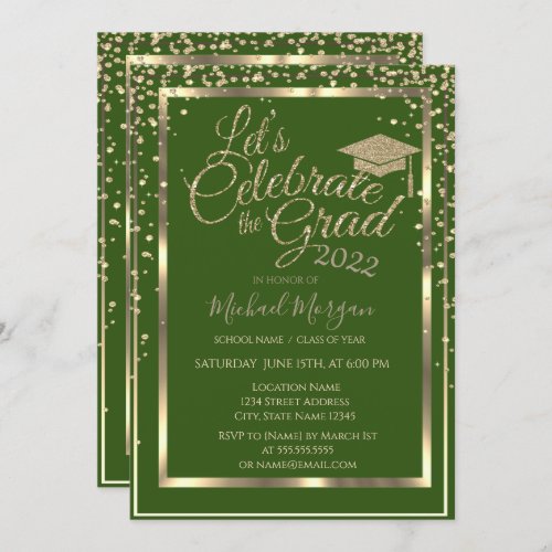 Gold Graduation Cap Diamonds Green Graduation Invitation