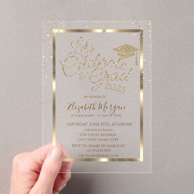 Gold Graduation Cap Diamonds Navy Blue Graduation Acrylic Invitations (Insitu (Handheld))