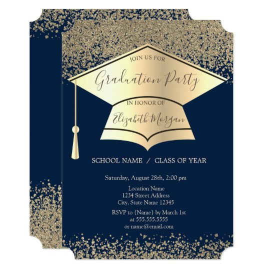 Gold Graduation Cap,Diamonds Navy Blue Graduation Invitation | Zazzle.com