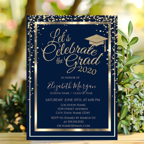 Gold Graduation Cap Diamonds Navy Blue Graduation Invitation