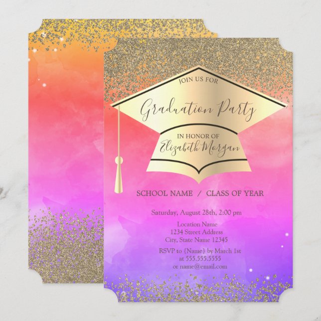 Gold Graduation Cap,Diamonds Ombre Graduation Invitation (Front/Back)
