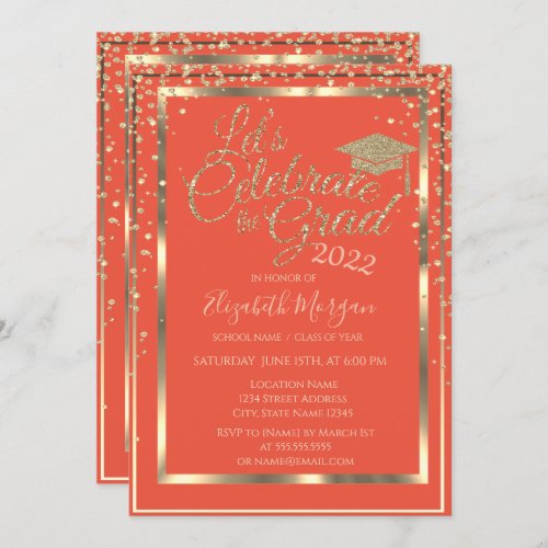 Gold Graduation Cap Diamonds Orange Graduation Invitation