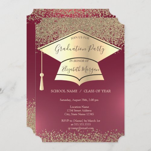 Gold Graduation CapDiamonds Red Graduation Invitation