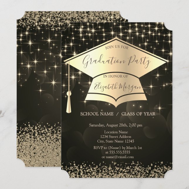 Gold Graduation Cap,Diamonds Stars Graduation Invitation (Front/Back)