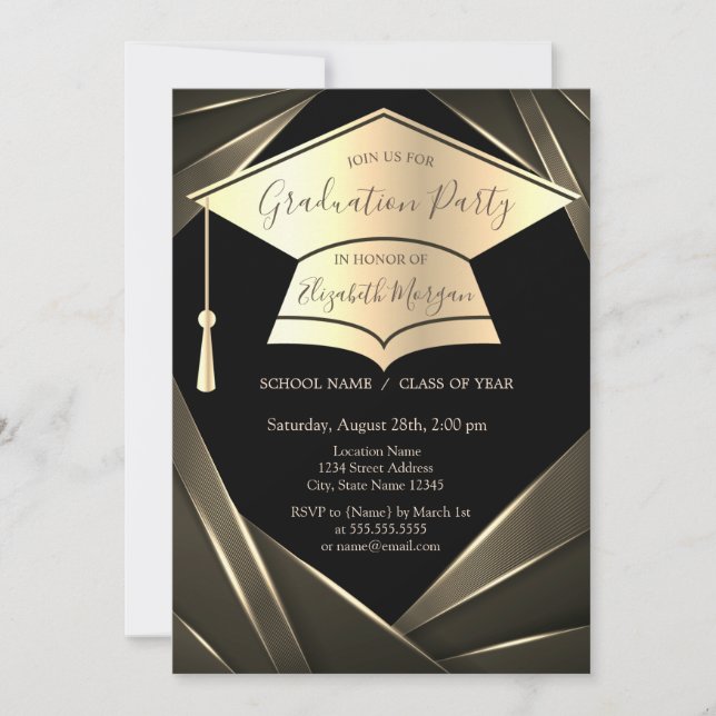 Gold Graduation Cap Elegant Graduation   Invitation (Front)