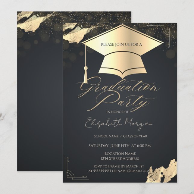 Gold Graduation Cap Frame Confetti Gray Invitation (Front/Back)
