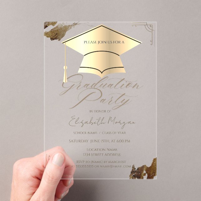 Gold Graduation Cap Frame Gold Brush Stroke Blue Acrylic Invitations (Insitu (Handheld))