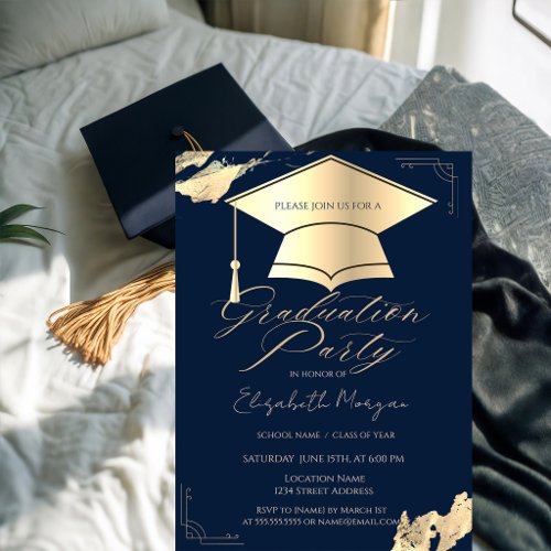 Gold Graduation Cap Frame Gold Brush Stroke Blue Invitation