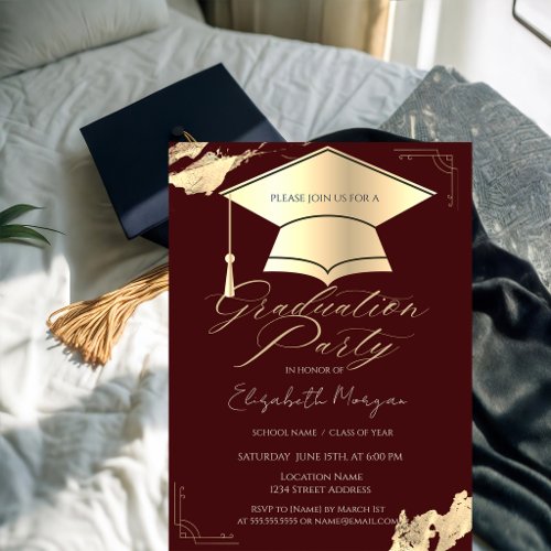 Gold Graduation Cap FrameBrush Stroke Burgundy Invitation