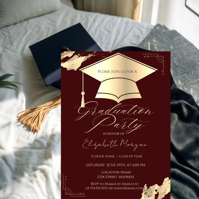 Gold Graduation Cap FrameBrush Stroke Burgundy Invitation (Creator Uploaded)