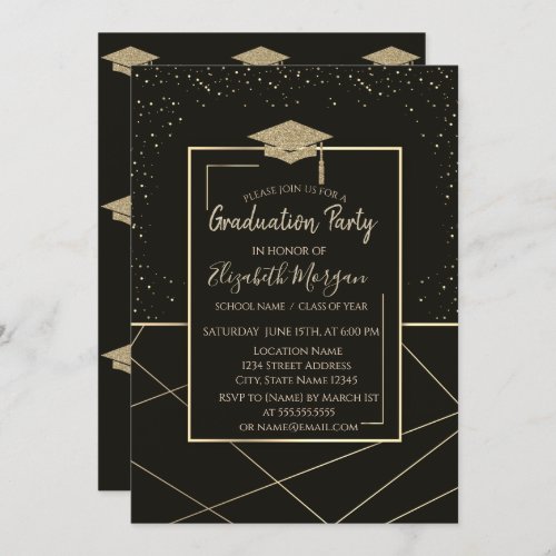  Gold Graduation Cap Geometric Black Graduation Invitation