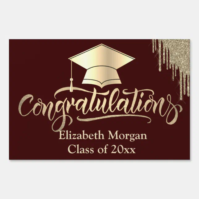 Gold Graduation Cap Glitter Drips Burgundy Sign | Zazzle