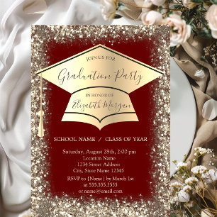 Gold Graduation Cap Glitter Frame Red Graduation Invitation