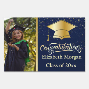 Gold Graduation Cap Graduate Navy Blue,Your Photo Sign