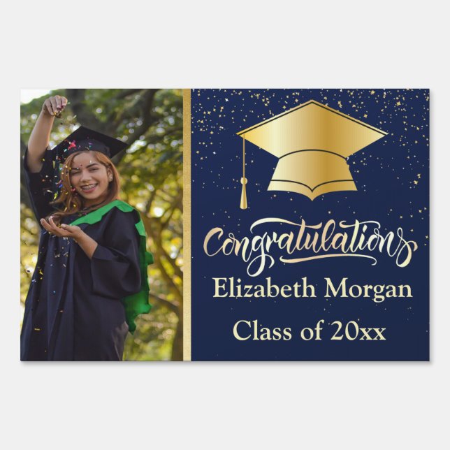 Gold Graduation Cap Graduate Navy Blue,Your Photo Sign (Front)