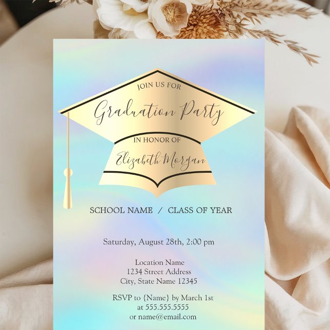 Gold Graduation Cap,Holographic Graduation Invitation (Creator Uploaded)