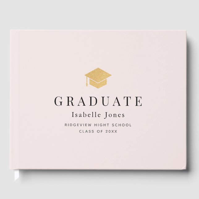 Gold Graduation Cap Minimalist Pink Graduation Guest Book (Front)