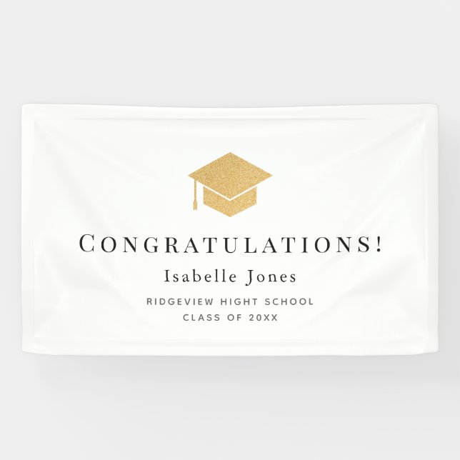 Gold Graduation Cap Minimalist White Graduation Banner (Horizontal)