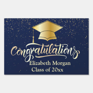 Gold Graduation Cap Navy Blue Congradulations Sign
