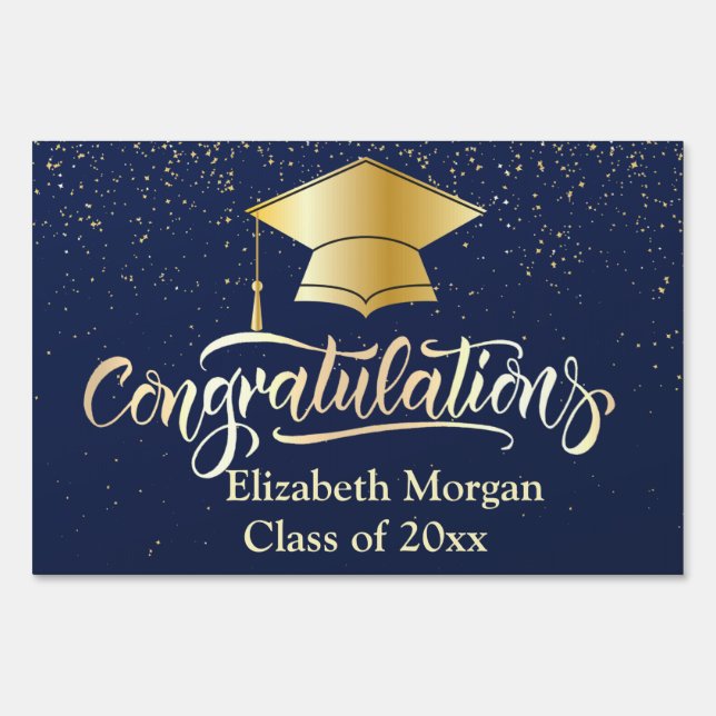 Gold Graduation Cap Navy Blue Congradulations Sign (Back)