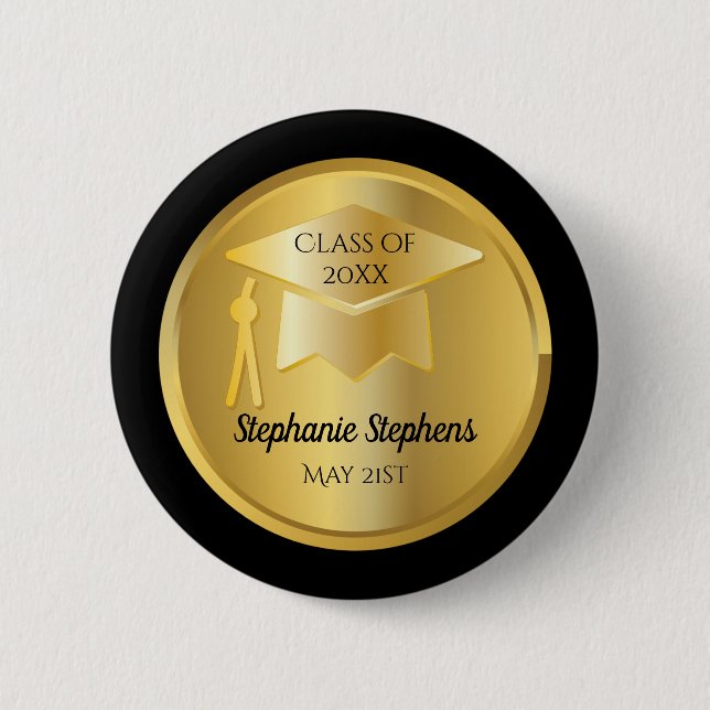 Gold Graduation Cap on Gold Gradient | Black Button (Front)