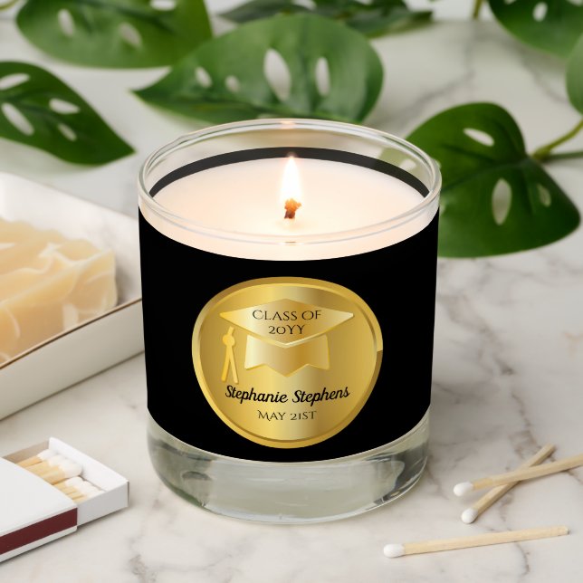 Gold Graduation Cap on Gold Gradient | Black Scented Candle (Lit)