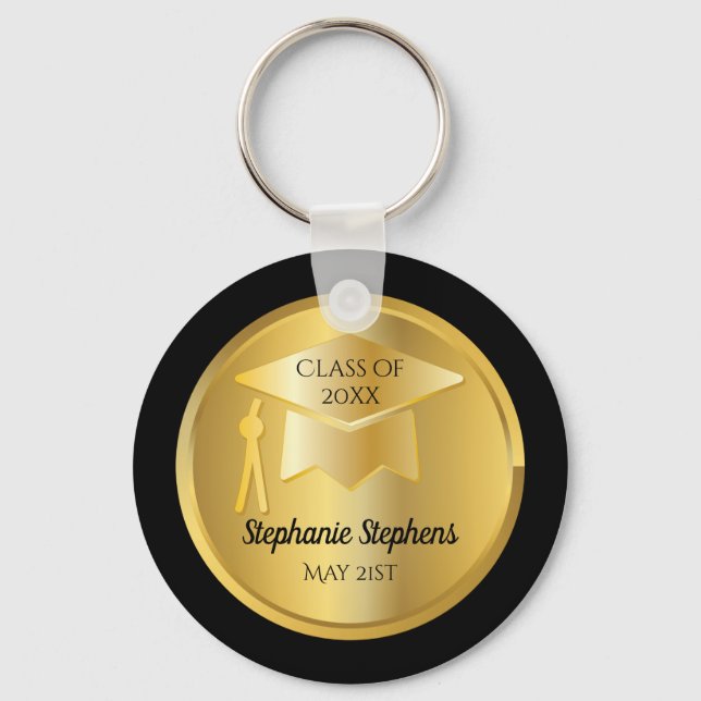Gold Graduation Cap on Gold Gradient | Black Seal Keychain (Front)