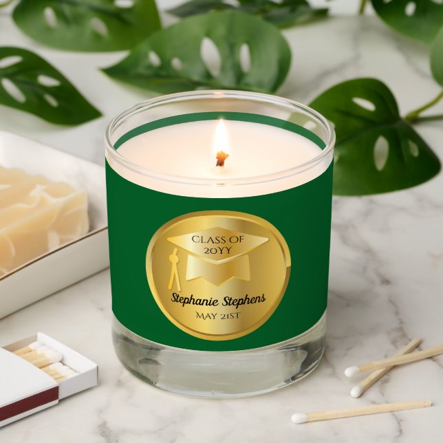 Gold Graduation Cap on Gold Gradient | Dk Green Scented Candle (Lit)