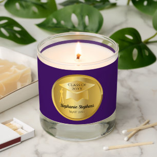 Gold Graduation Cap on Gold Gradient   Purple Scented Candle