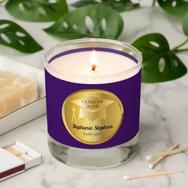 Gold Graduation Cap on Gold Gradient | Purple Scented Candle (Lit)