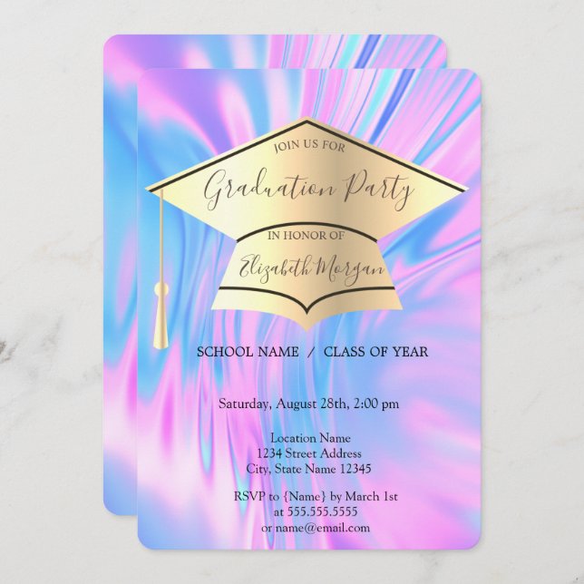 Gold Graduation Cap,Rainbow Holographic Graduation Invitation (Front/Back)