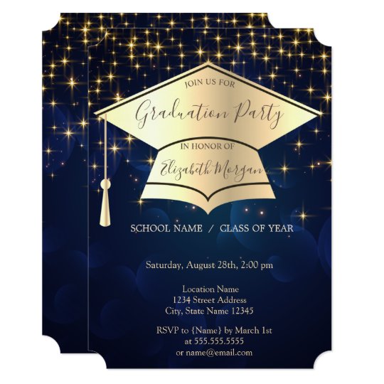 Gold Graduation Cap,Stars Blue Graduation Invitation | Zazzle.com