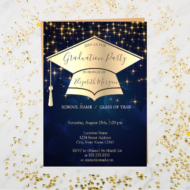 Gold Graduation Cap,Stars Blue Graduation Invitation (Creator Uploaded)