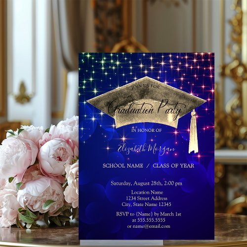 Gold Graduation CapStars Blue Graduation  Invitation