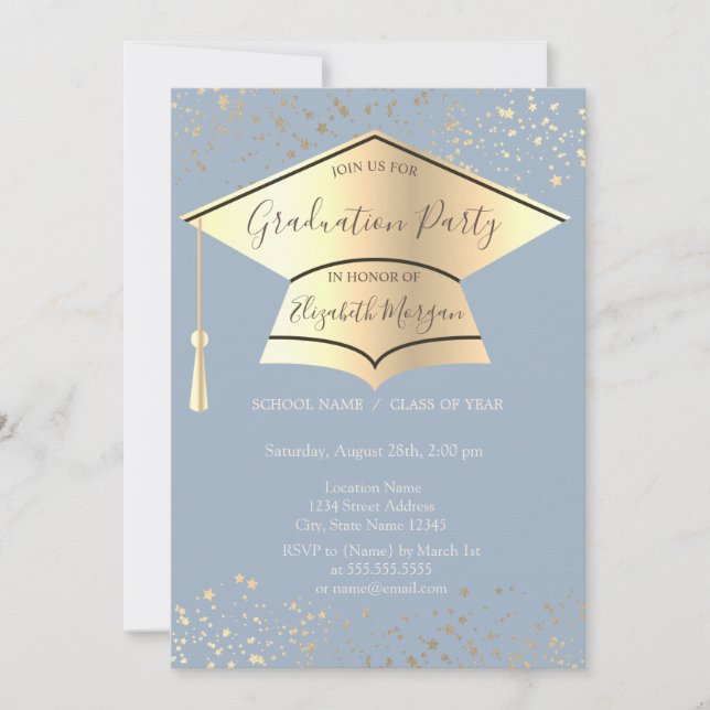 Gold Graduation Cap,Stars Dusty Blue Graduation Invitation (Front)