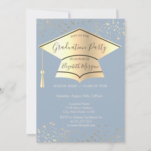 Gold Graduation CapStars Dusty Blue Graduation Invitation