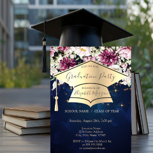 Gold Graduation Cap,Stars,Flowers Blue Graduation  Invitation