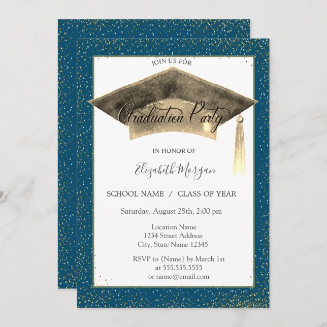 Gold Graduation Cap Tassel Confetti Graduation Invitation (Front/Back)
