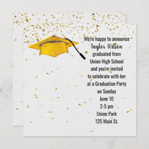 Gold Graduation Cap with Gold Confetti Invitation