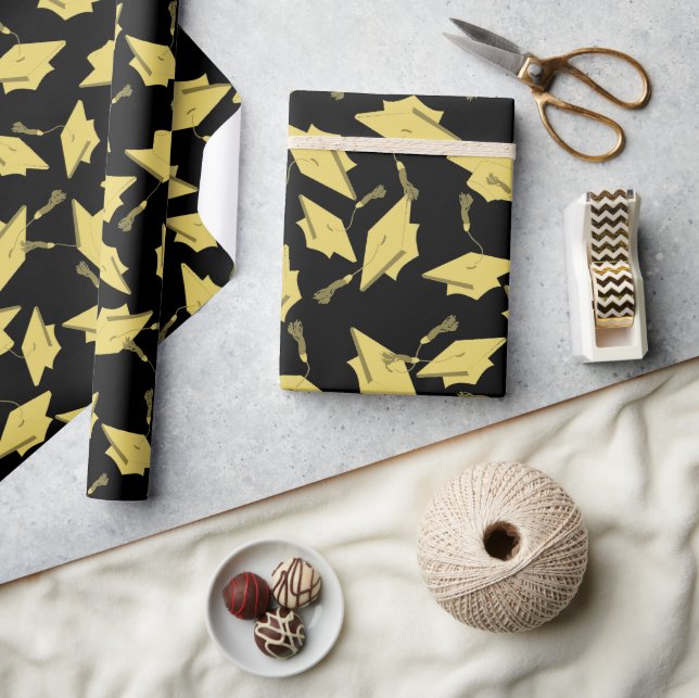 Gold Graduation Caps in the Air on Black Fun Party Wrapping Paper (Crafts)