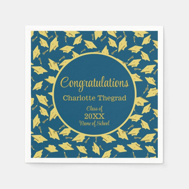 Gold Graduation Caps Tossed on Blue Personalized Napkins (Front)