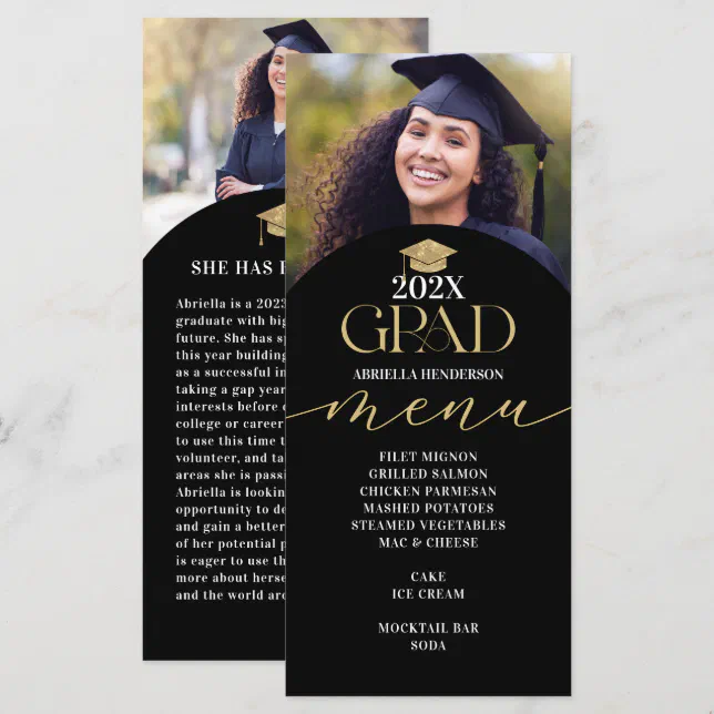 Graduation Puple Menu Card Gold Graduation Dinner Menu Card | Zazzle