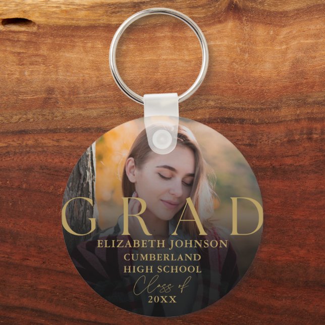 Gold Graduation Modern Elegant Photo Grad Keychain (Front)