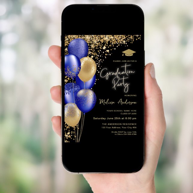 Gold Graduation Party Navy Blue balloons Invitation (Front Digital)