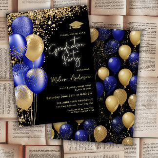 Gold Graduation Party Navy Blue balloons Invitation