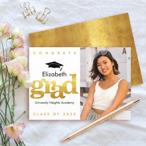 Gold graduation photo bold modern typography cap announcement