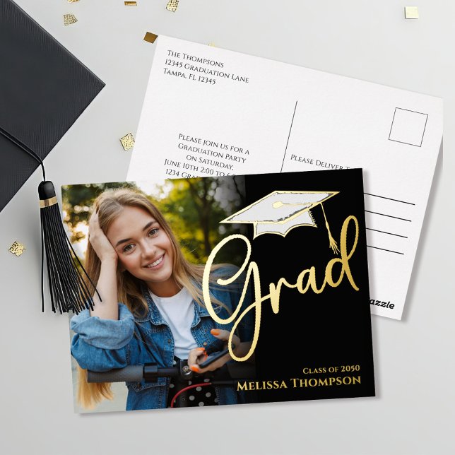 Gold Graduation Photo Invitation Announcement Clas (Graduation invitaiton announcement postcard template with fold foil. )