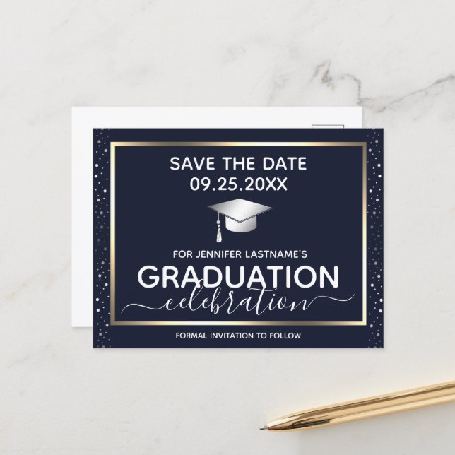 Gold Graduation Save the Date Invitation Postcard (Front/Back In Situ)